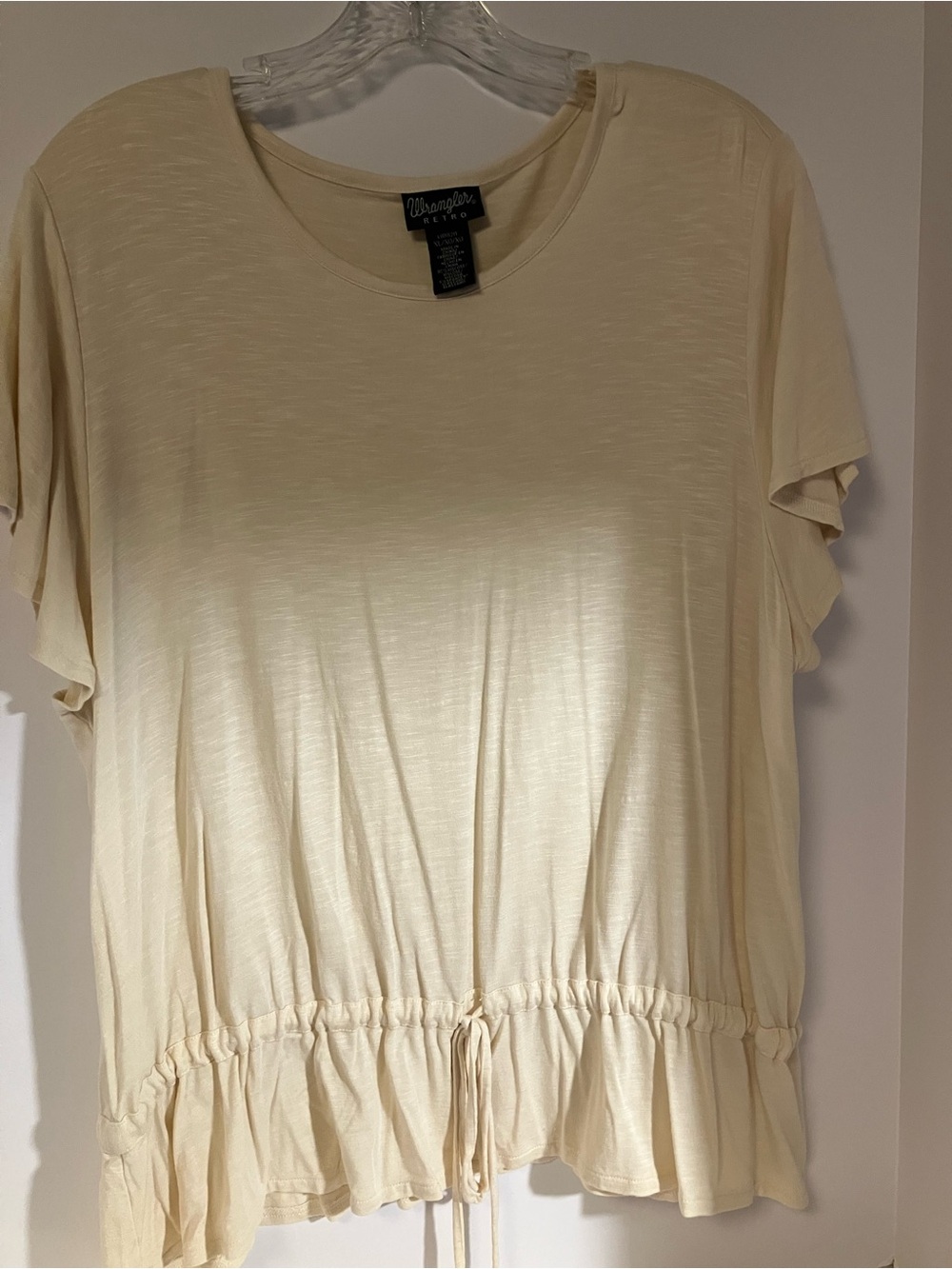 Wrangler Cream Short Sleeve Drawstring Ruffle Hem Top